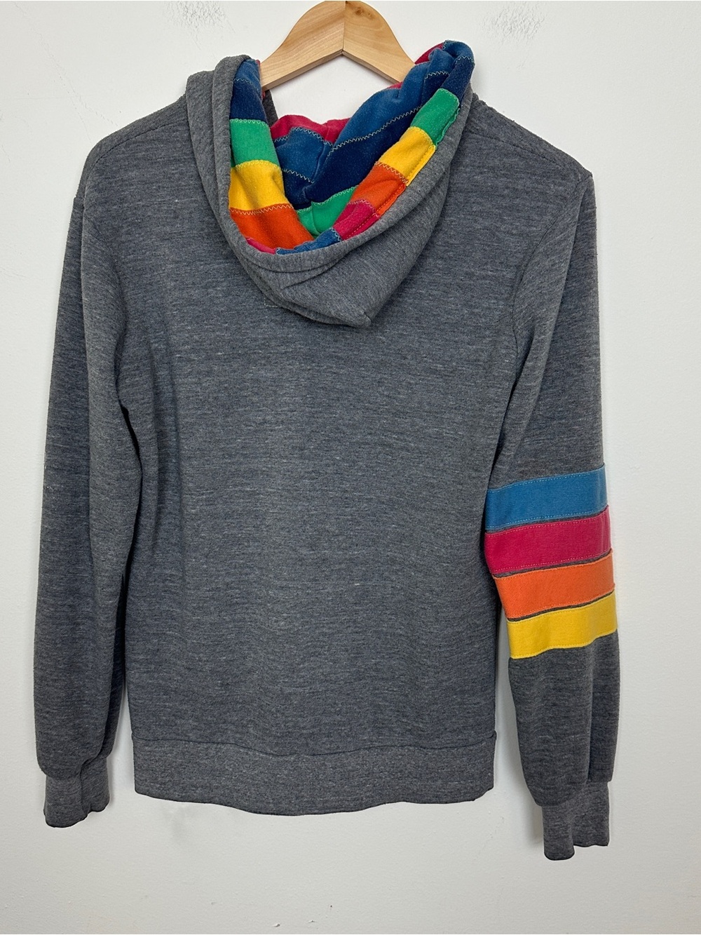 Aviator Nation Grey Zip Hoodie with Rainbow Stripe Lining and Sleeve - Picture 4 of 11